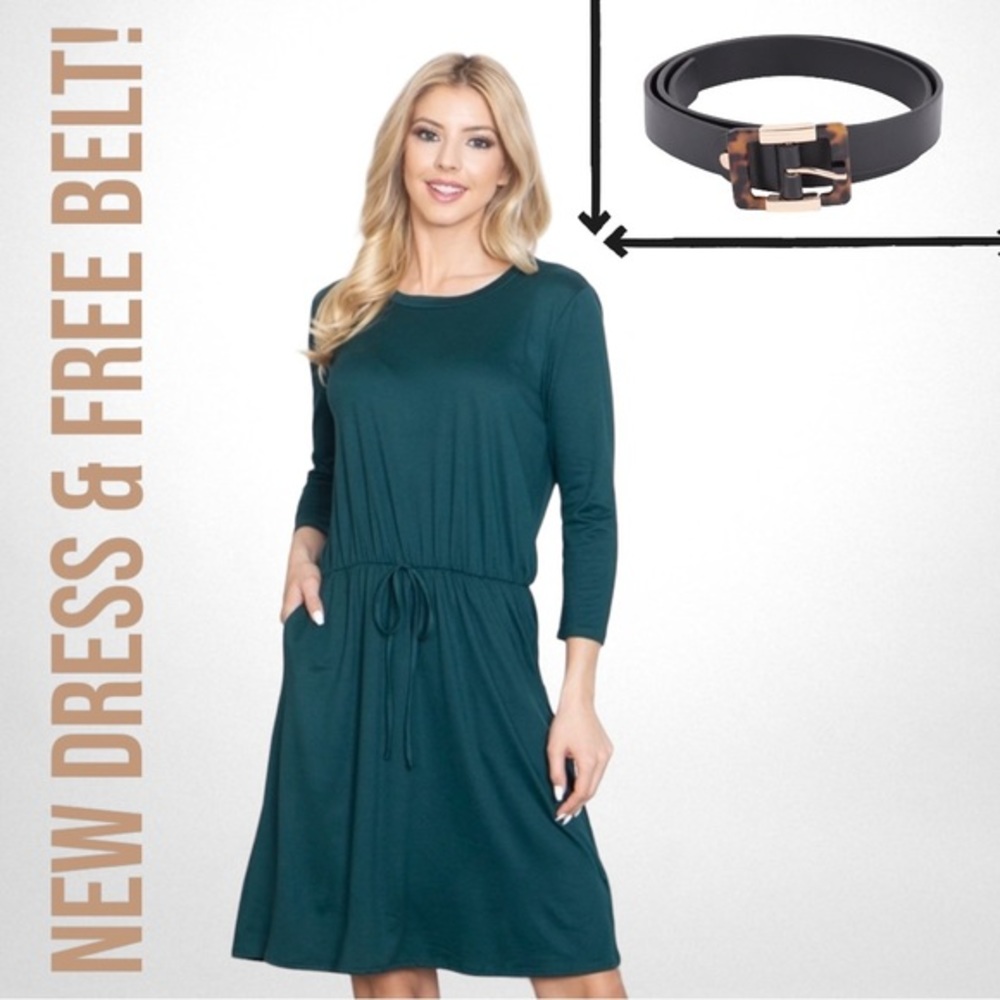 HUNTER GREEN CINCH WAIST DRESS WITH POCKETS! SIZE: XL. FREE BELT W/PURCHASE!